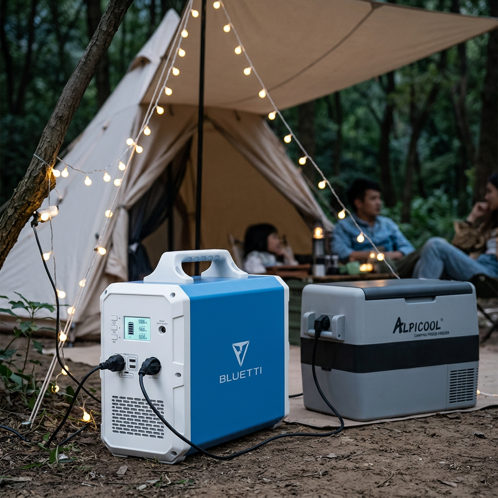 KI-Visualisierung: Bluetti EB150 Powerstation versorgt Kühlbox beim Camping