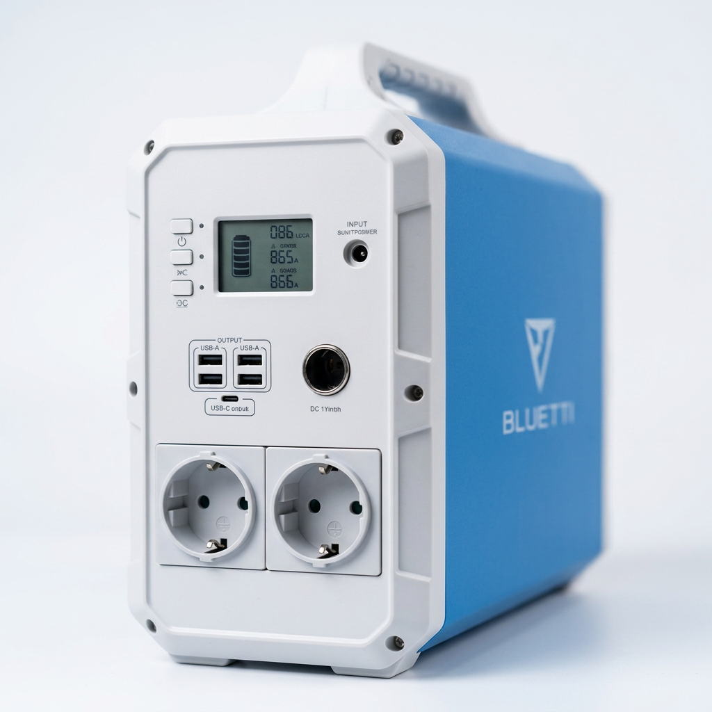 KI-Visualisierung: Bluetti EB150 Anschlüsse und Display einer Powerstation