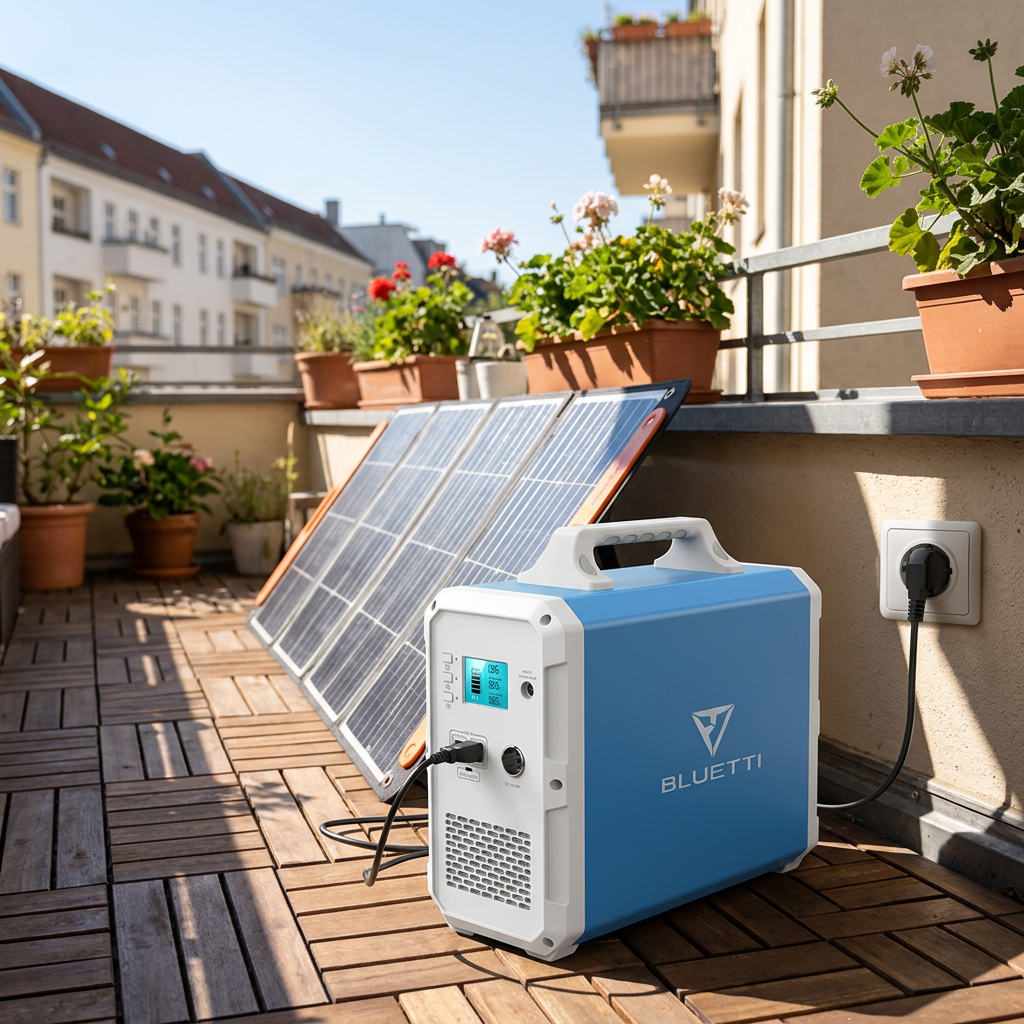KI-Visualisierung: Bluetti EB150 Solar-Ladevorgang auf einem Balkon