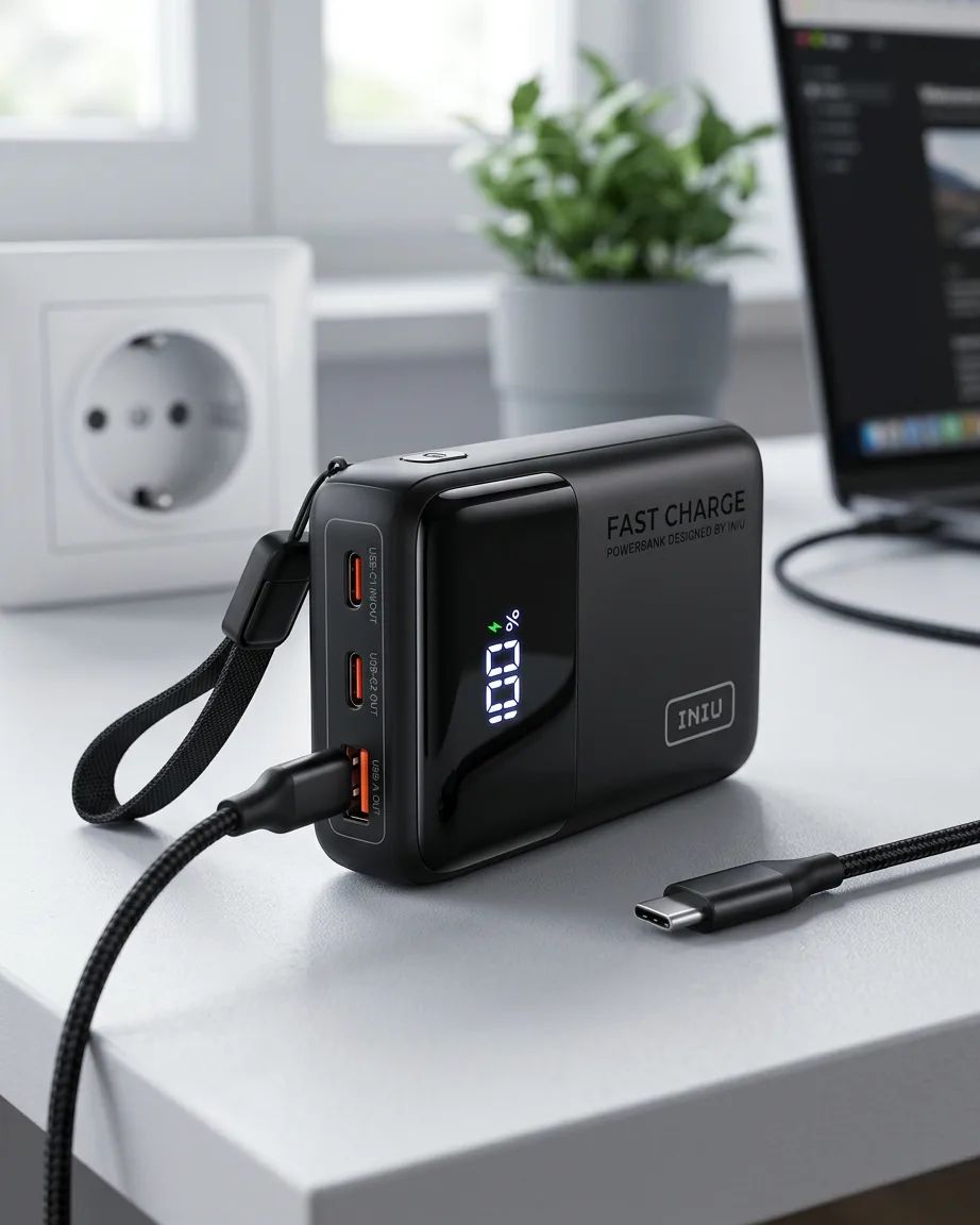 KI-Visualisierung: INIU P63-E1 100W Power Bank Anschlüsse und LED-Anzeigen am Gerät