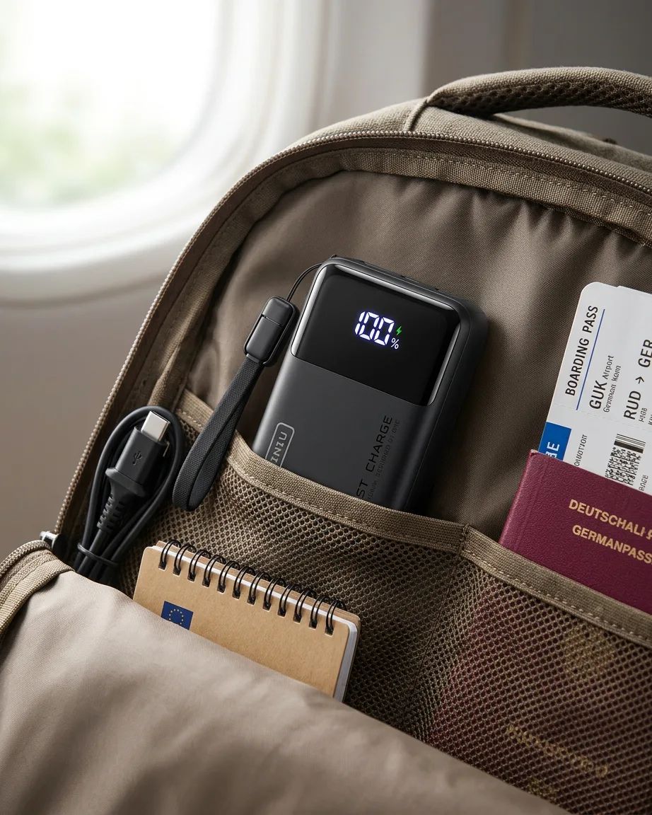 KI-Visualisierung: INIU P63-E1 100W Power Bank in einer Reisetasche verstaut
