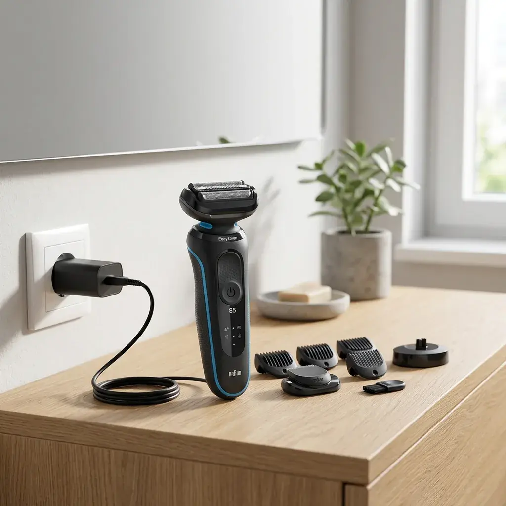 KI-Visualisierung: Braun Series 5 51-M4500cs Rasierer in sauberem Badezimmer