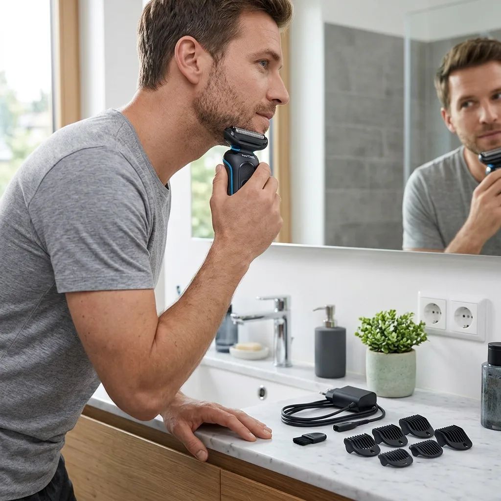 KI-Visualisierung: Braun Series 5 51-M4500cs Rasieren vor dem Badezimmerspiegel