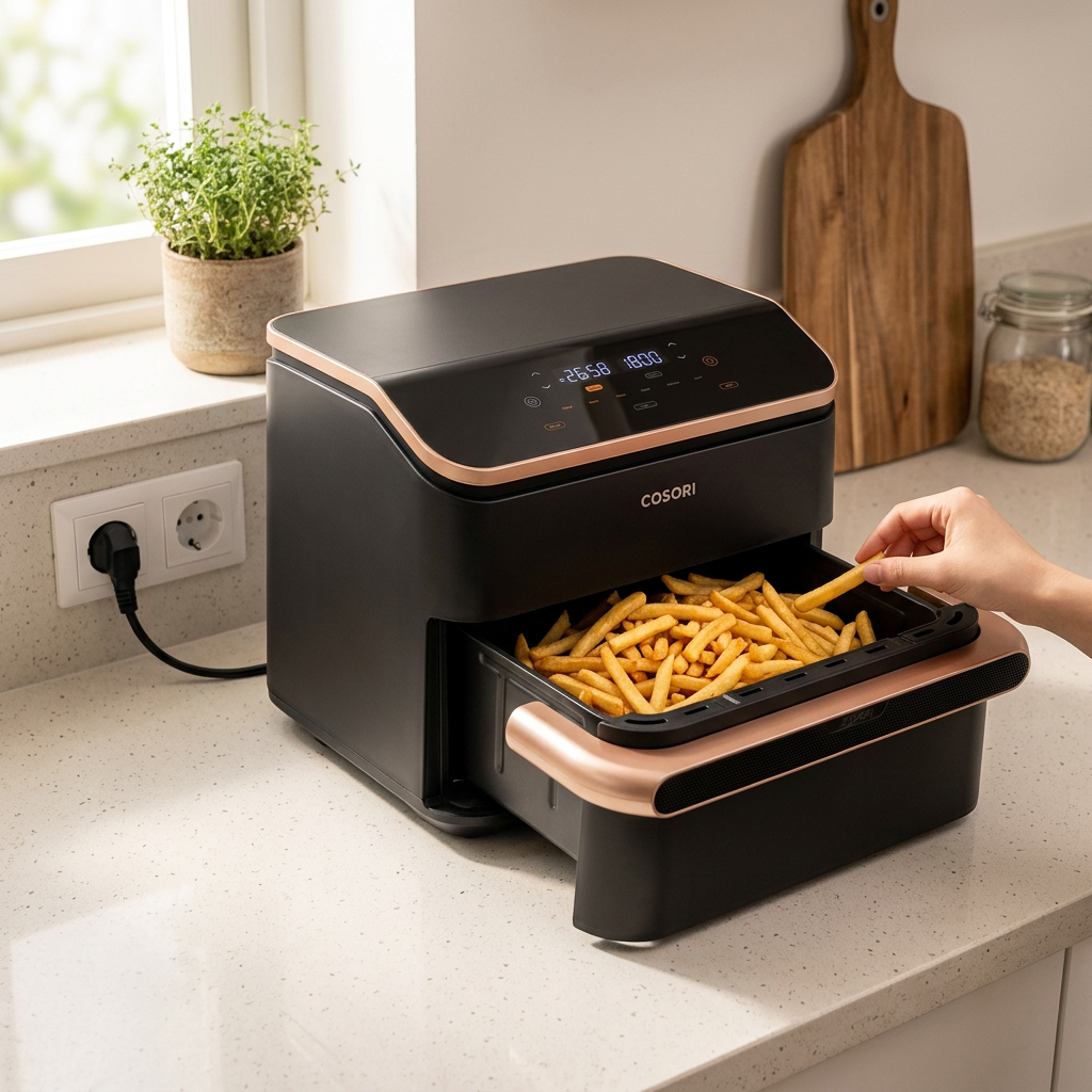 KI-Visualisierung: COSORI Dual Blaze Twinfry™ 10-Litre Heißluftfritteuse-Gold Heißluftfritteuse in einer modernen Küche
