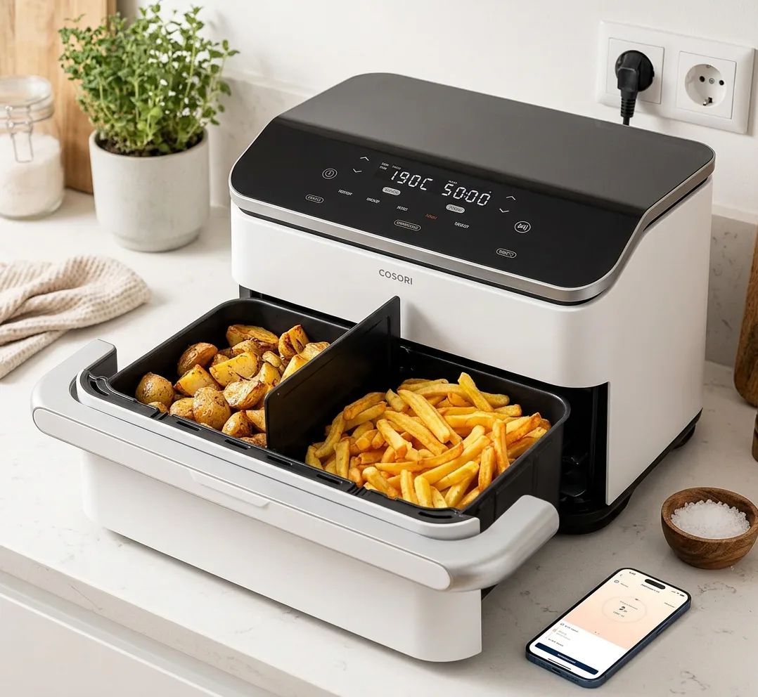 KI-Visualisierung: Cosori Dual Blaze Twinfry 10-Litre Heißluftfritteuse-Gold frische Pommes in einer Heißluftfritteuse
