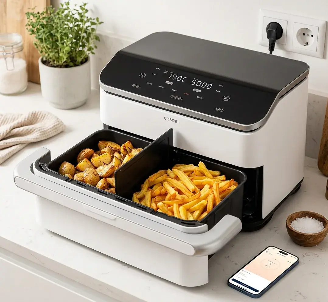 KI-Visualisierung: Cosori Dual Blaze Twinfry 10-Litre Heißluftfritteuse-Gold frische Pommes in einer Heißluftfritteuse