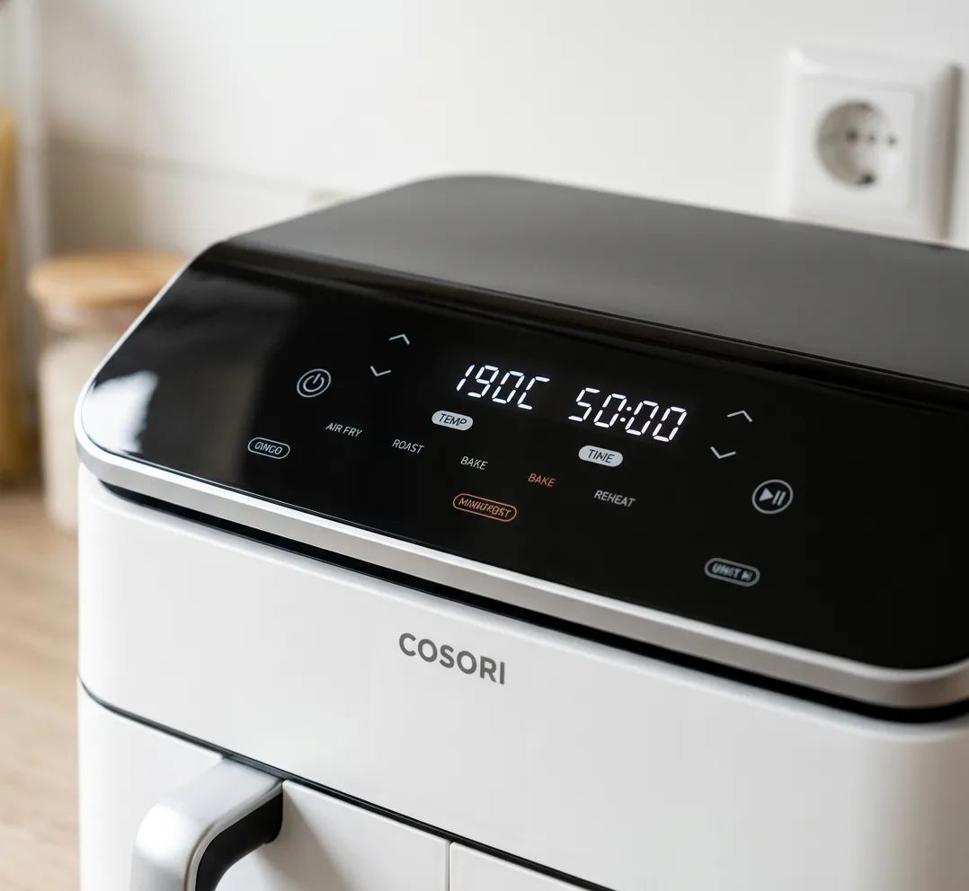 KI-Visualisierung: Cosori Dual Blaze Twinfry 10-Litre Heißluftfritteuse-Gold digitales Bedienfeld einer Heißluftfritteuse