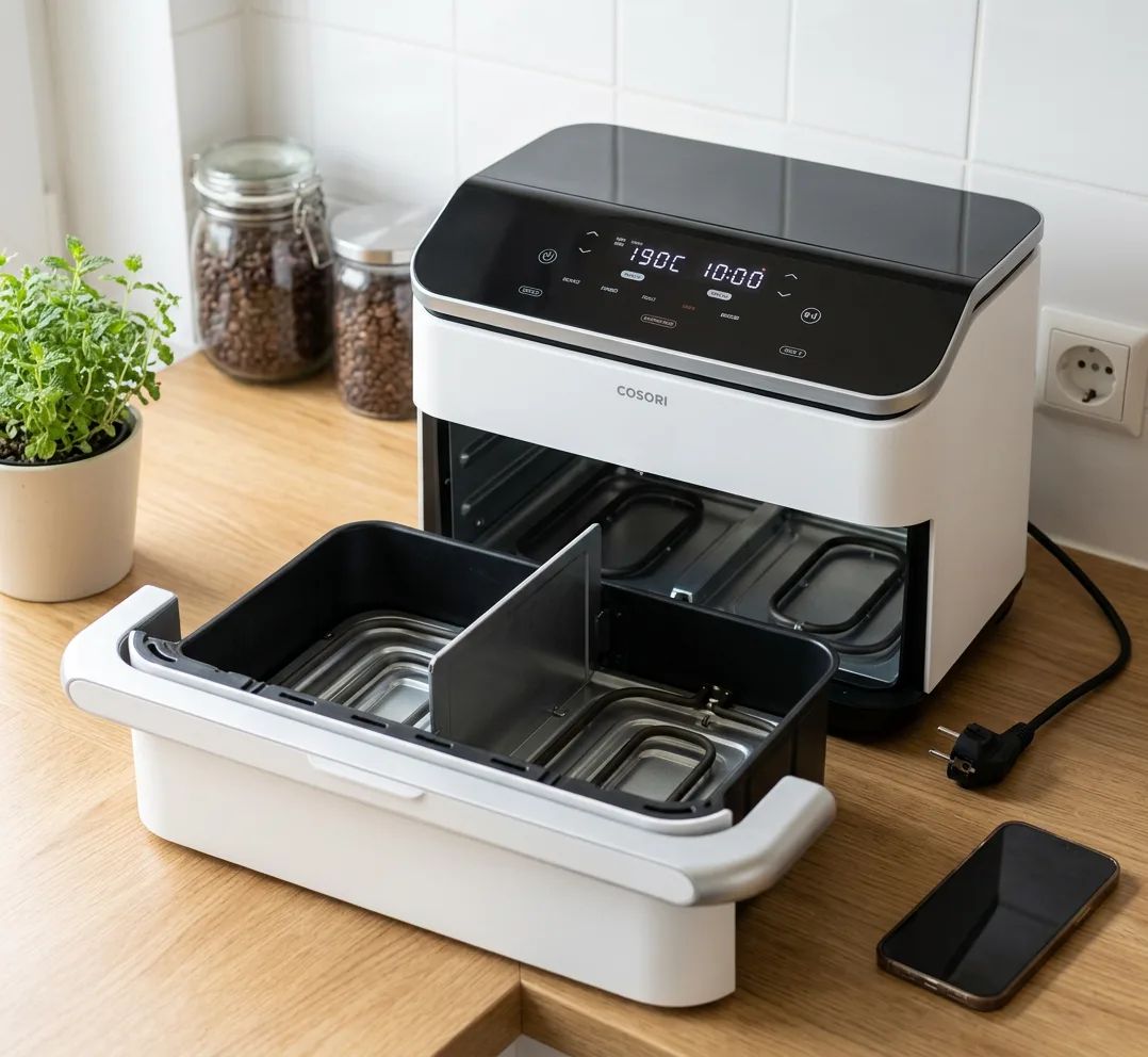 KI-Visualisierung: Cosori Dual Blaze Twinfry 10-Litre Heißluftfritteuse-Gold geöffneter Garraum einer Heißluftfritteuse