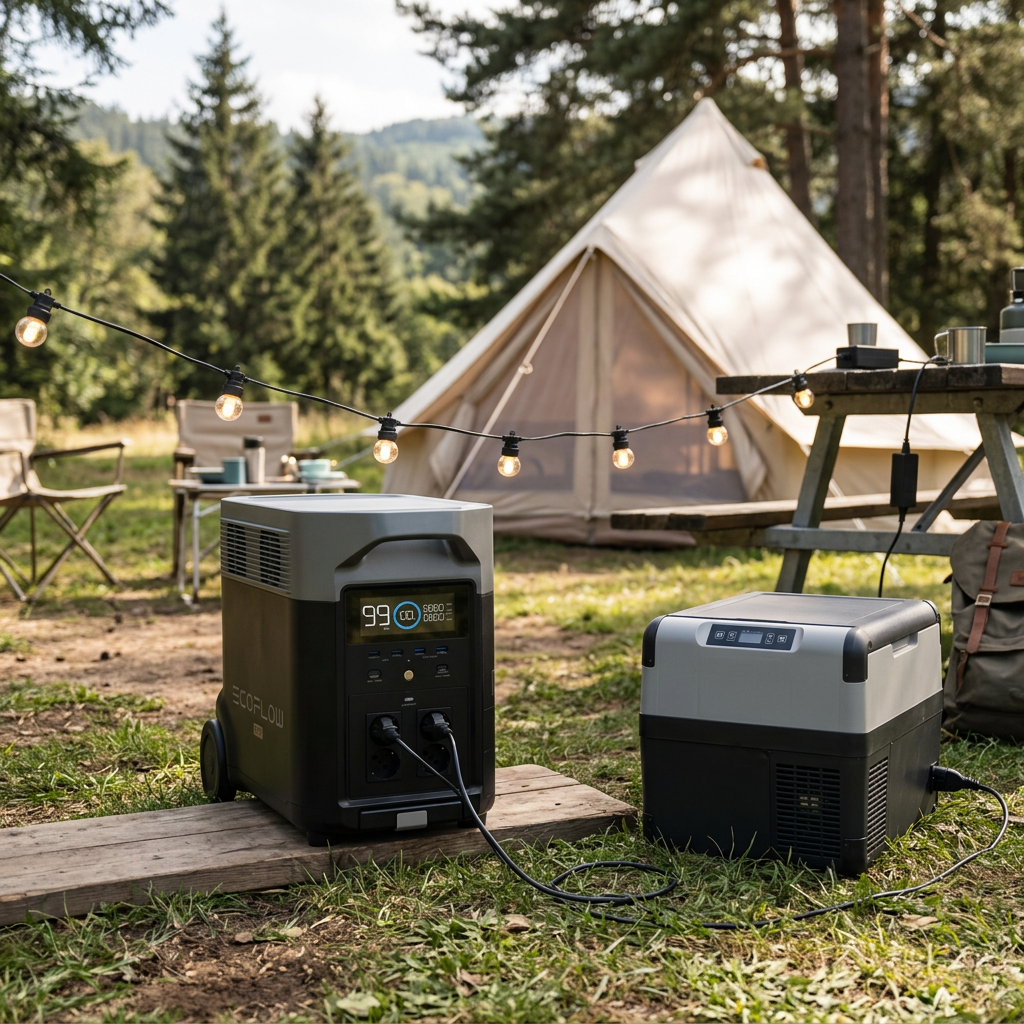 KI-Visualisierung: EcoFlow DELTA Pro Powerstation betreibt Geräte beim Camping