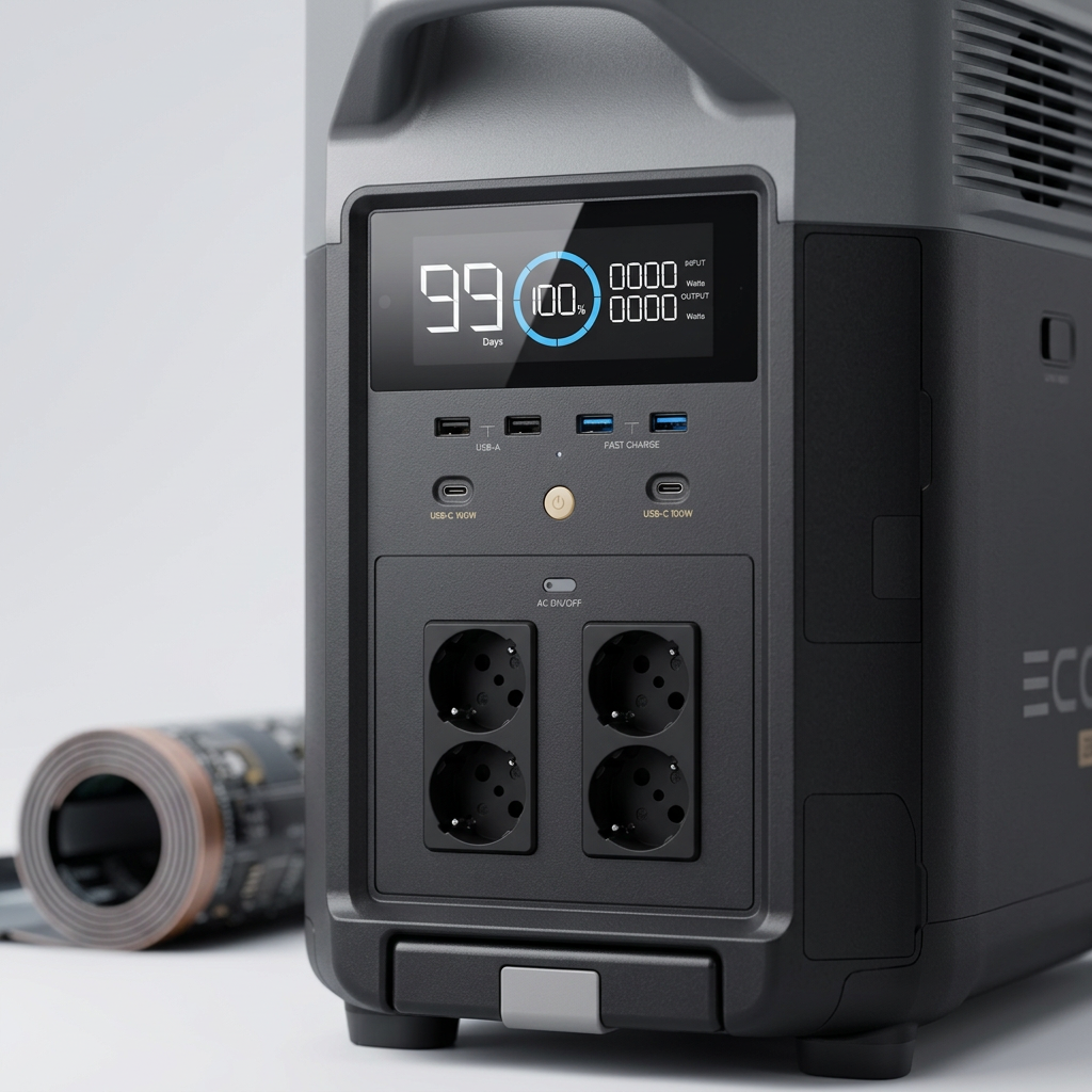 KI-Visualisierung: EcoFlow DELTA Pro Anschlüsse und Display einer Powerstation