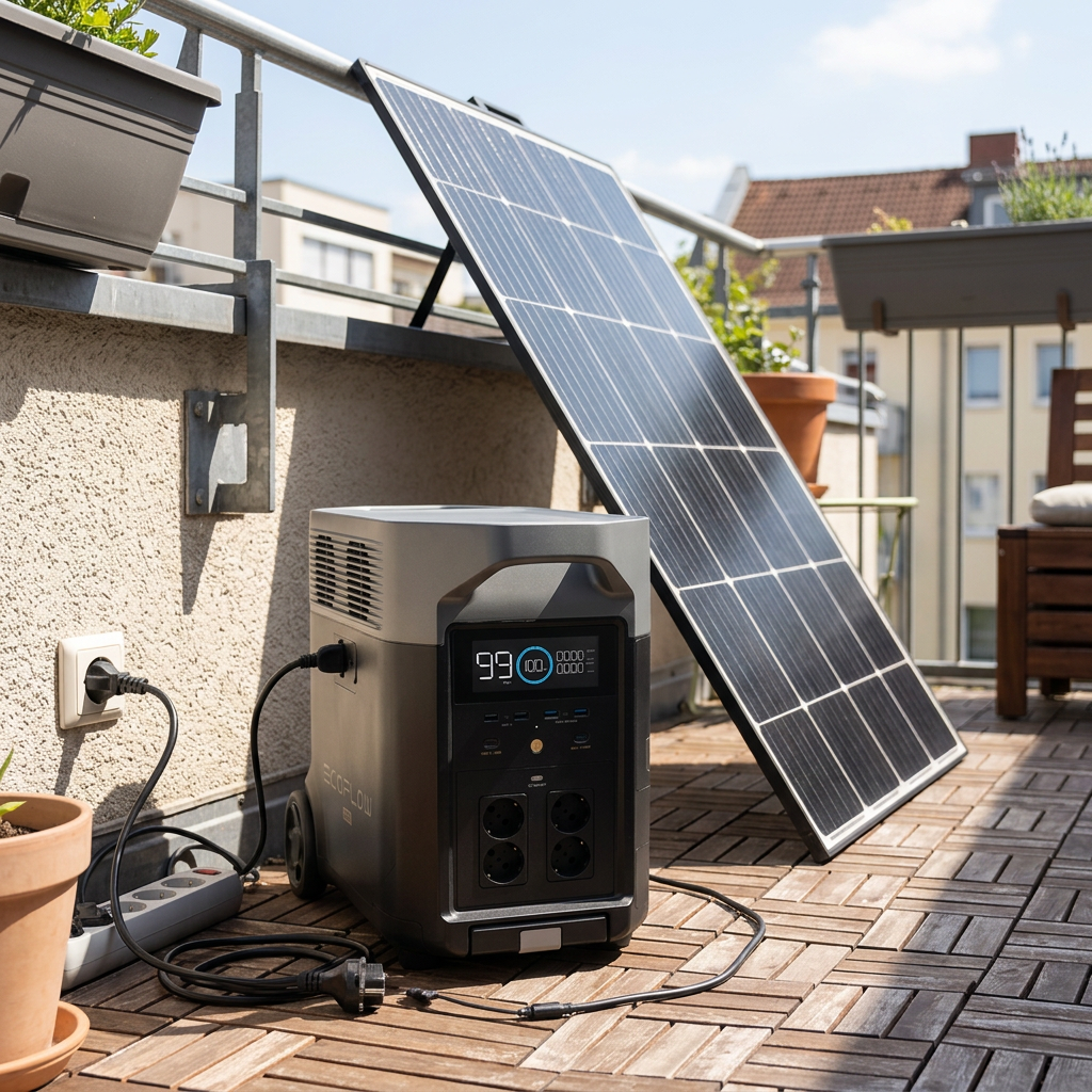 KI-Visualisierung: EcoFlow DELTA Pro Solarpanel lädt Speicher auf einem Balkon