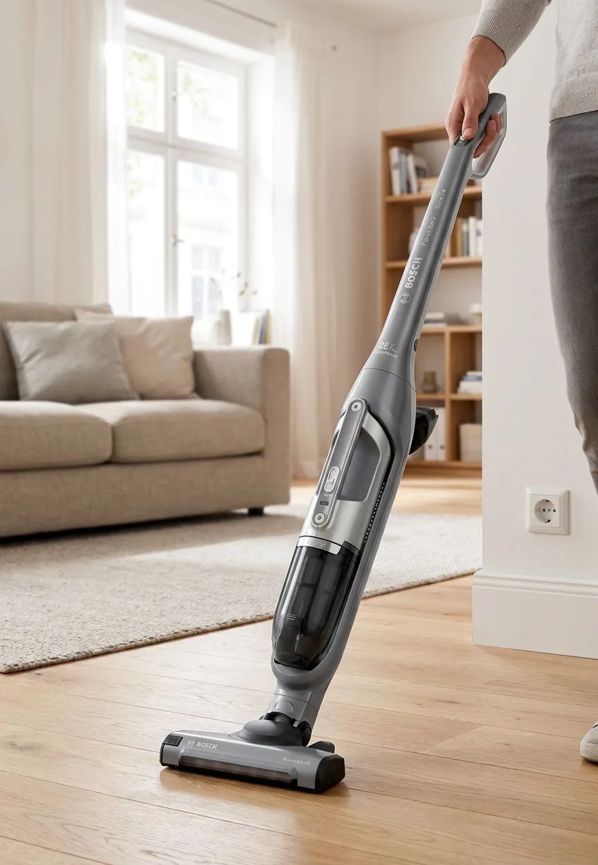 KI-Visualisierung: Bosch Flexxo 2in1 Serie 4 BBH3K2801 Akku-Staubsauger beim Staubsaugen im Wohnzimmer