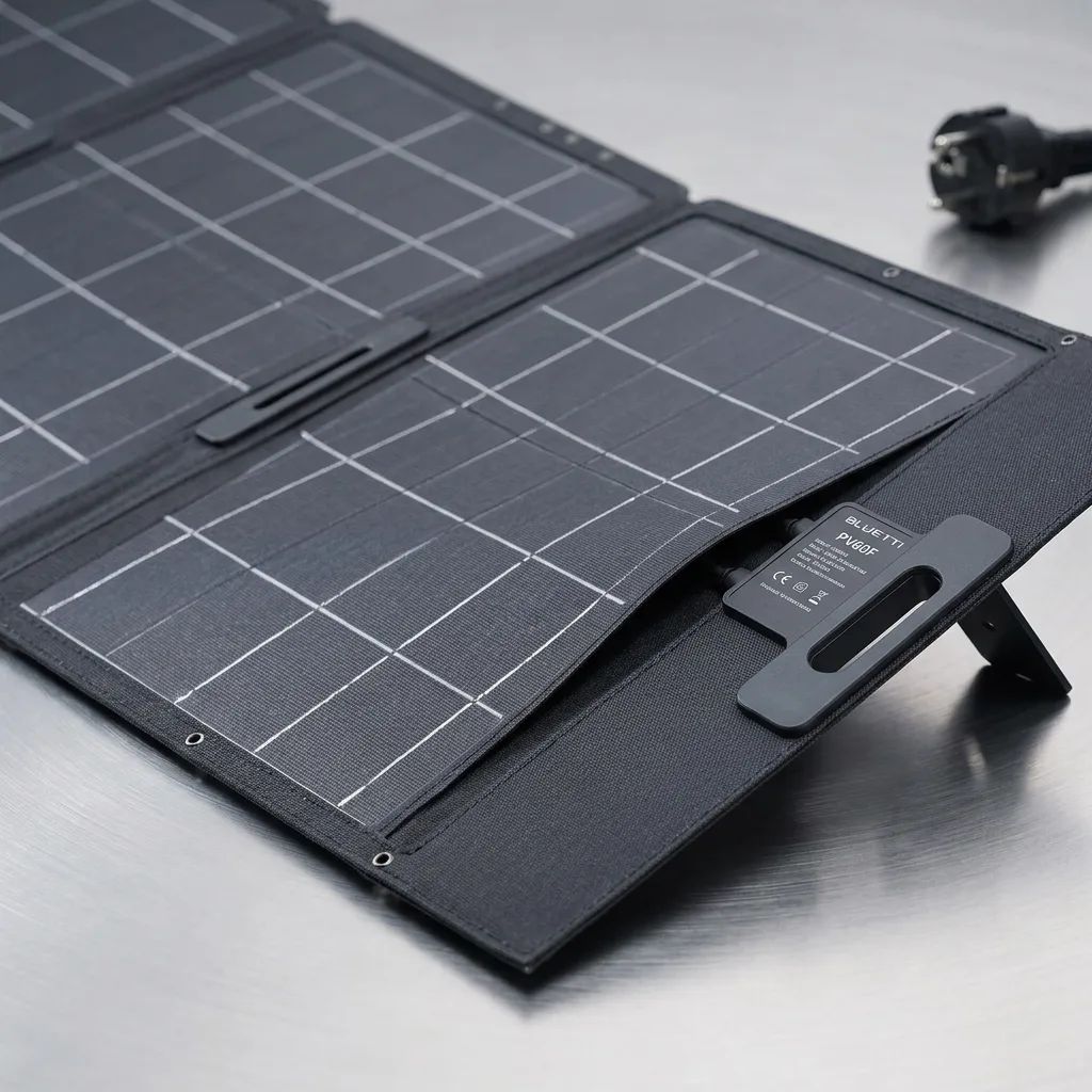 KI-Visualisierung: Bluetti Pv60f Portable Solar Panel Detaillierte Ansicht eines tragbaren Solarpanels