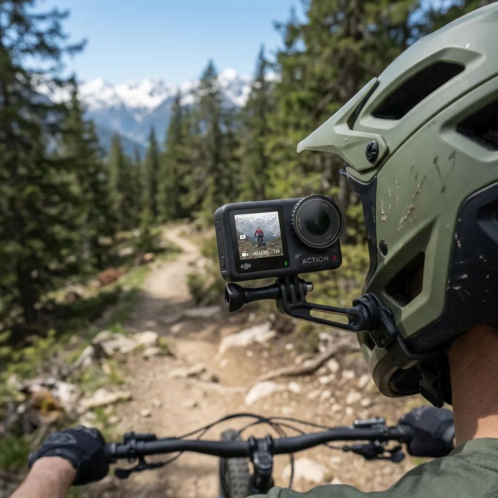 DJI Osmo Action 4 – mounted on a helmet during mountain biking