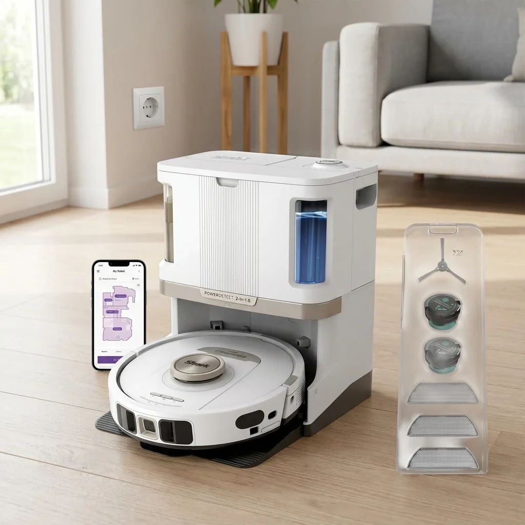 KI-Visualisierung: Shark PowerDetect UV Reveal 2-in-1 Saug- und Wischroboter Saugroboter an der Ladestation im Wohnzimmer