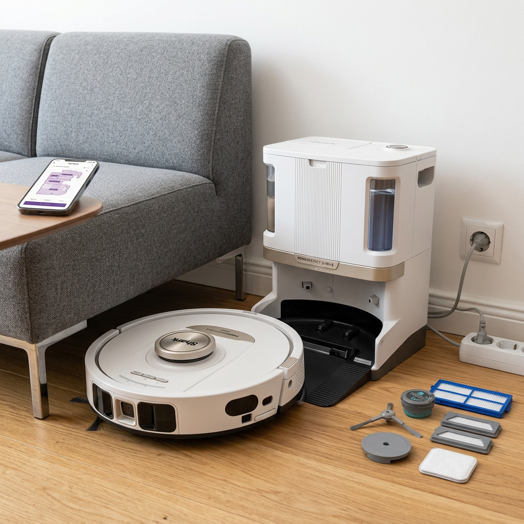 KI-Visualisierung: Shark PowerDetect UV Reveal 2-in-1 Saug- und Wischroboter Wischroboter reinigt unter dem Sofa