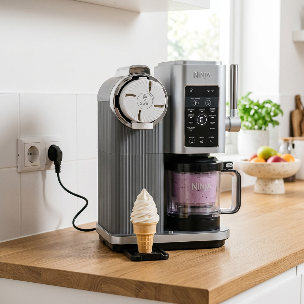 Ninja CREAMi Scoop & Swirl 13-in-1 Softeis & Eismaschine NC701EU – placed in a clean, well-lit home environment
