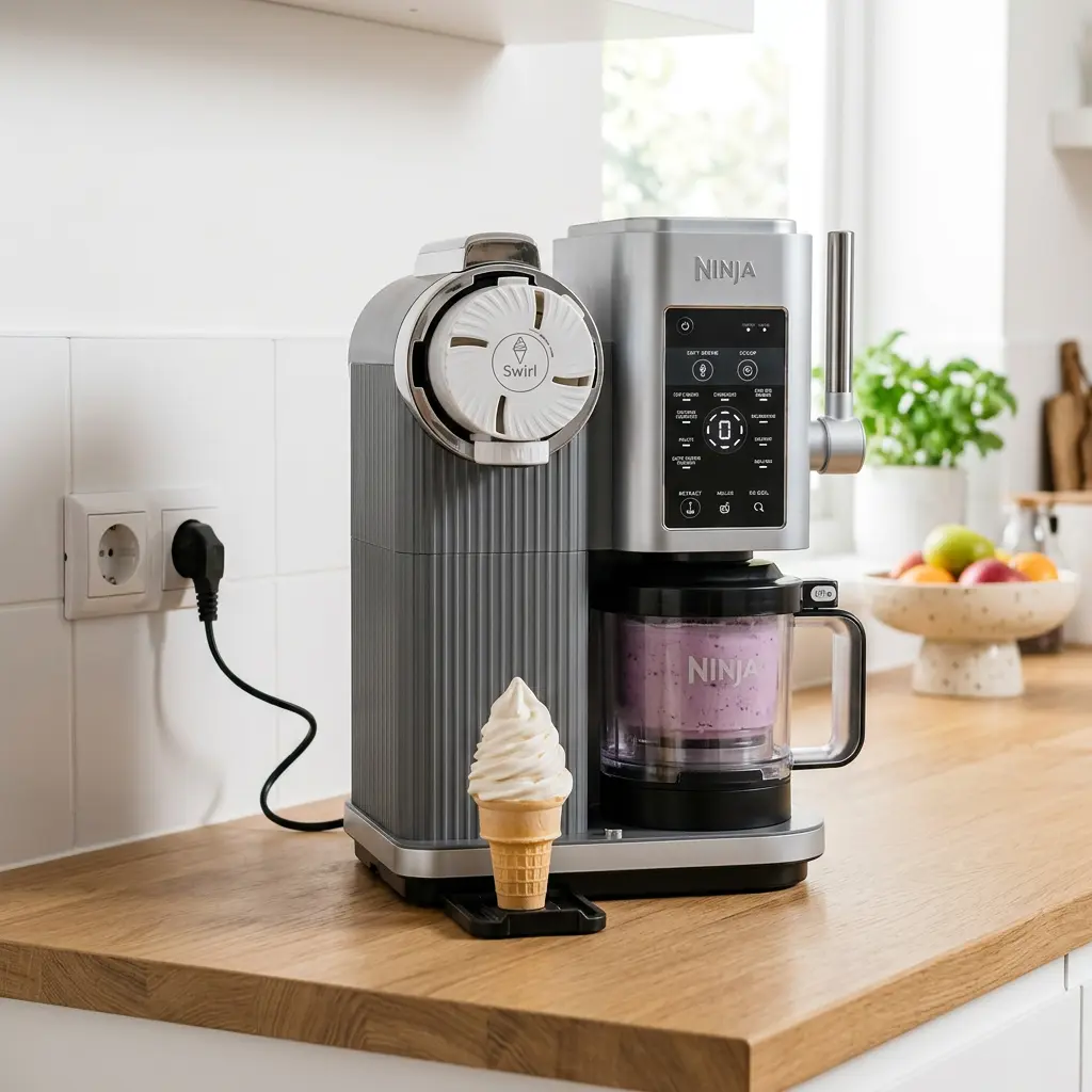 Ninja CREAMi Scoop & Swirl 13-in-1 Softeis & Eismaschine NC701EU – placed in a clean, well-lit home environment