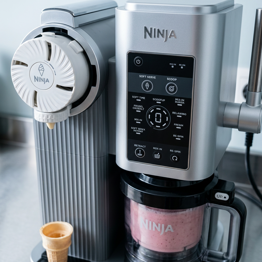 Ninja CREAMi Scoop & Swirl 13-in-1 Softeis & Eismaschine NC701EU – detailed view of the key features, buttons and design…