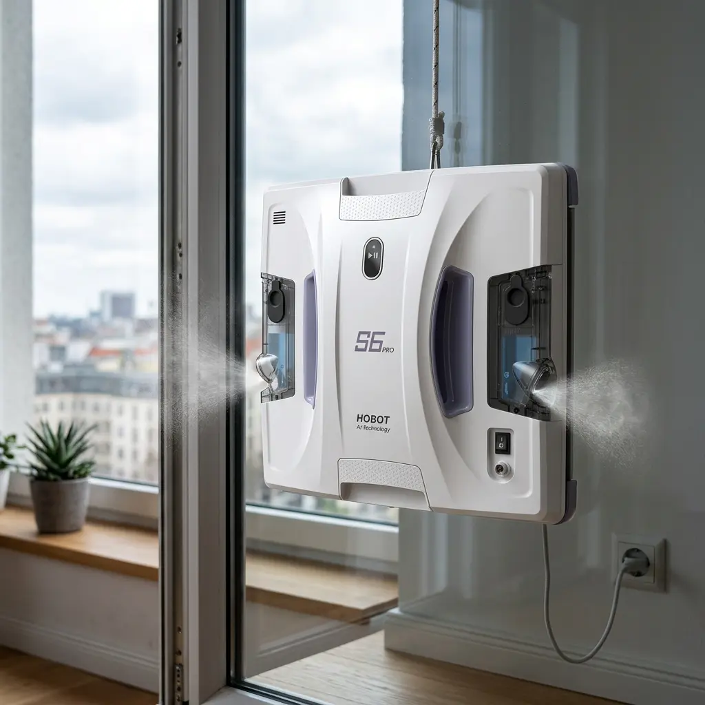 KI-Visualisierung: Hobot S6 Pro Reinigungsroboter haftet an Fensterfläche