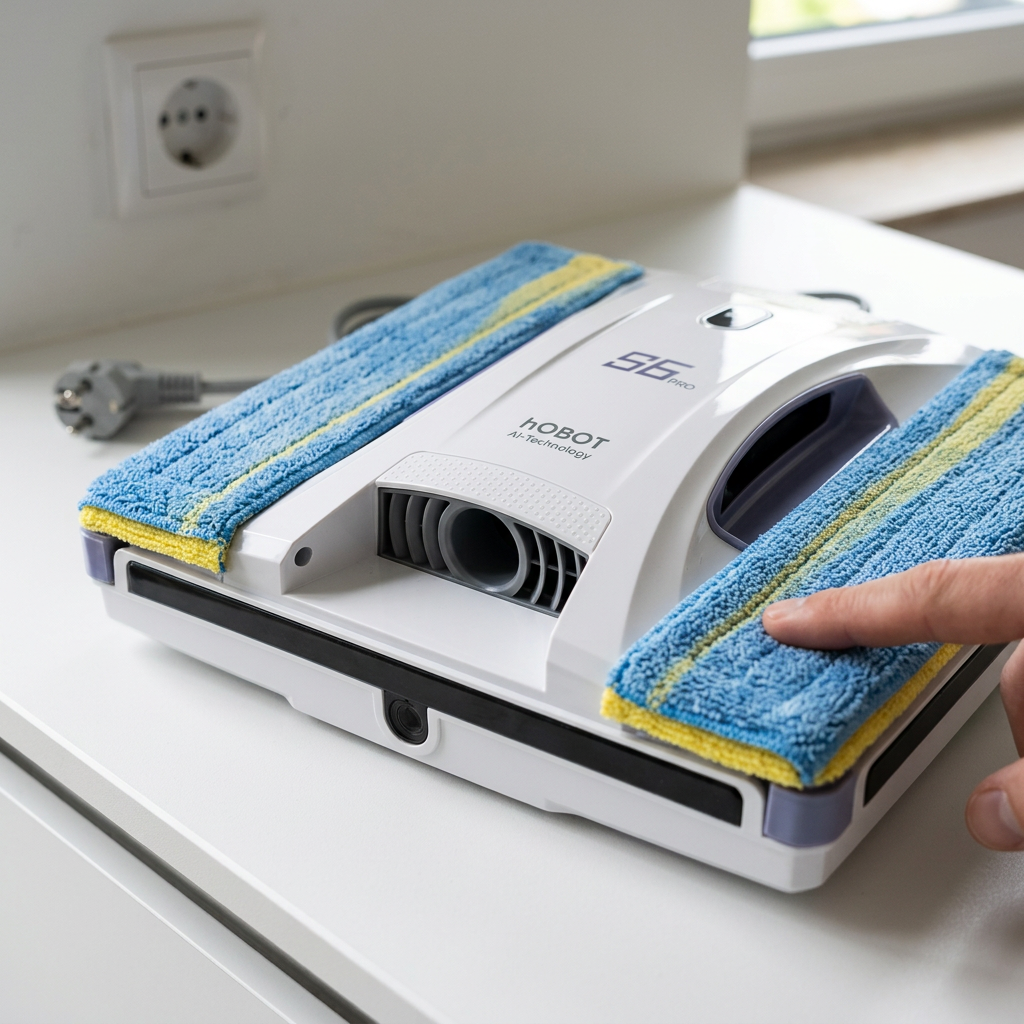 KI-Visualisierung: Hobot S6 Pro Unterseite mit Wischpads und Saugvorrichtung