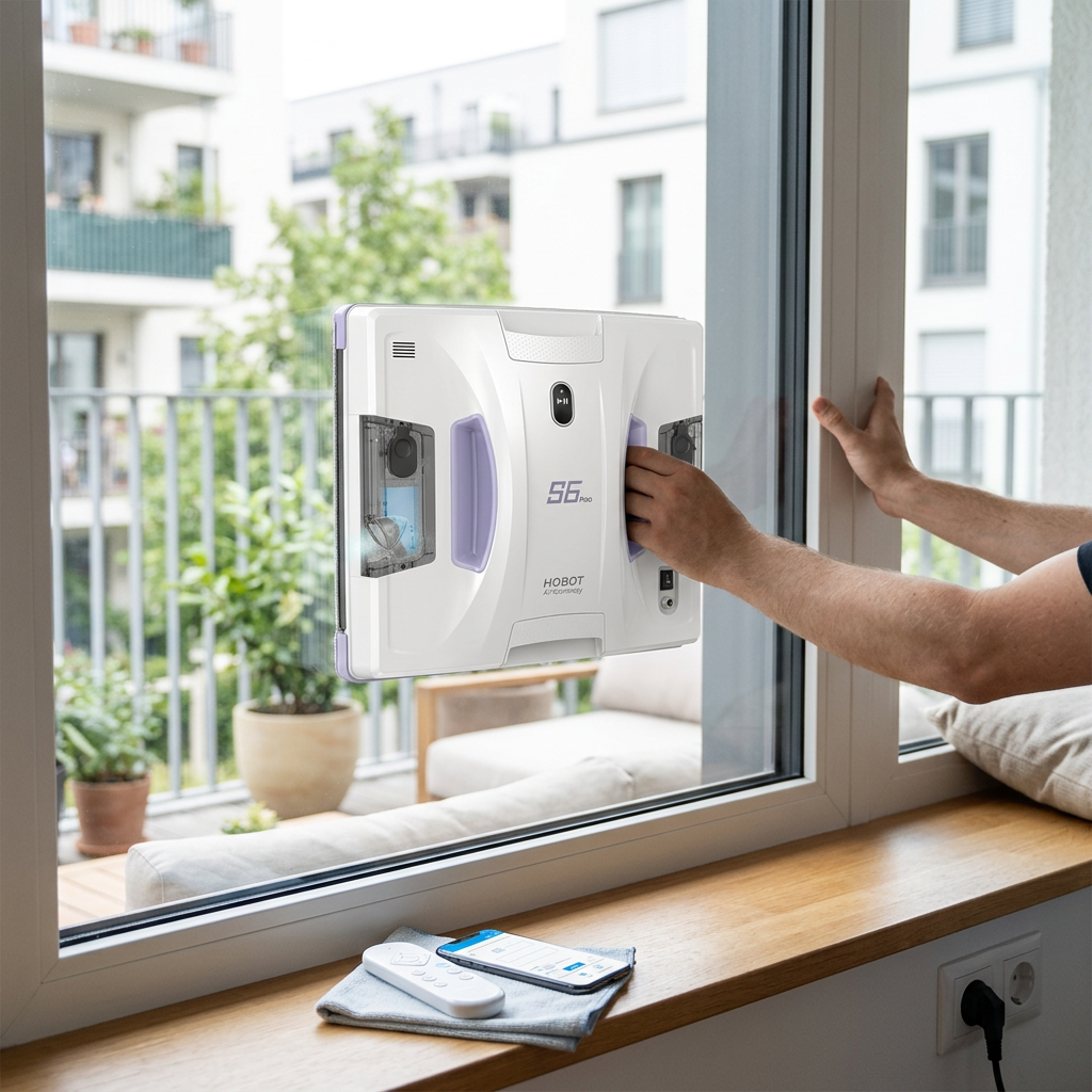 KI-Visualisierung: Hobot S6 Pro Fensterputzroboter wird an Scheibe gesetzt