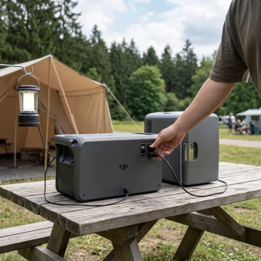 KI-Visualisierung: DJI Power 1000 V2 Powerstation betreibt Kühlbox im Freien