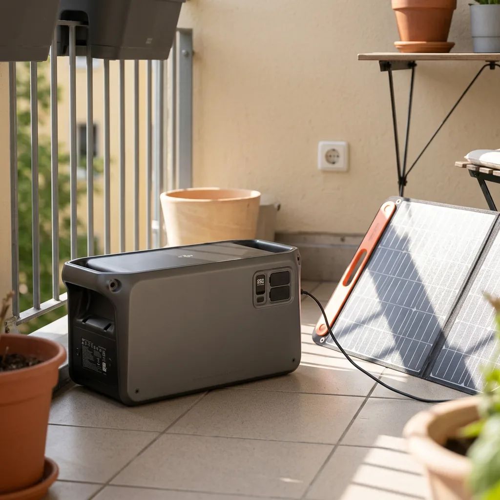 KI-Visualisierung: DJI Power 1000 V2 Energiespeicher wird per Solarpanel geladen