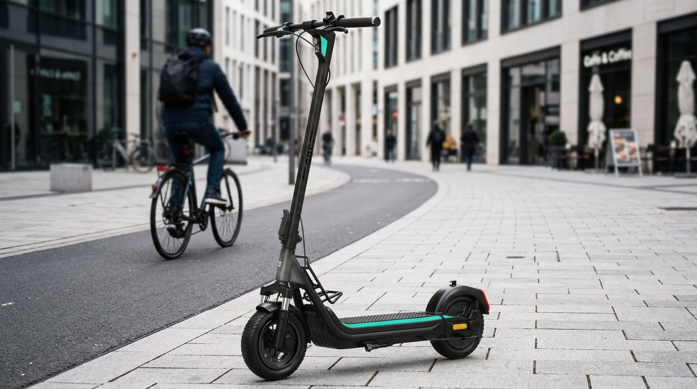 KI-Visualisierung: Egret Unit (SL) E-Scooter auf einem Gehweg abgestellt