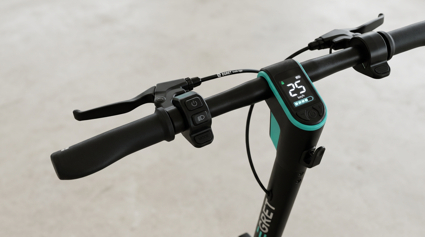 KI-Visualisierung: Egret Unit (SL) Bedienelemente und Display am E-Scooter-Lenker