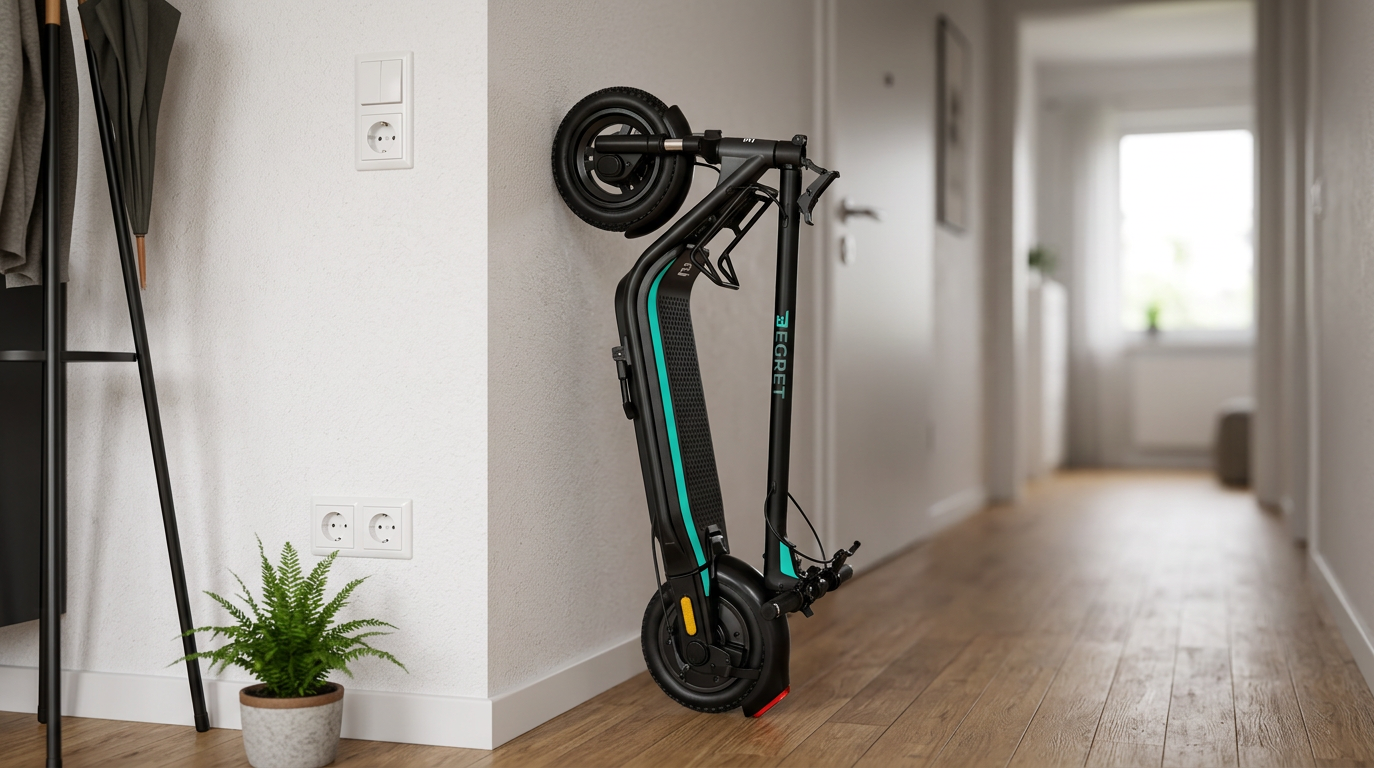 KI-Visualisierung: Egret Unit (SL) zusammengeklappter Elektroroller an einer Wand