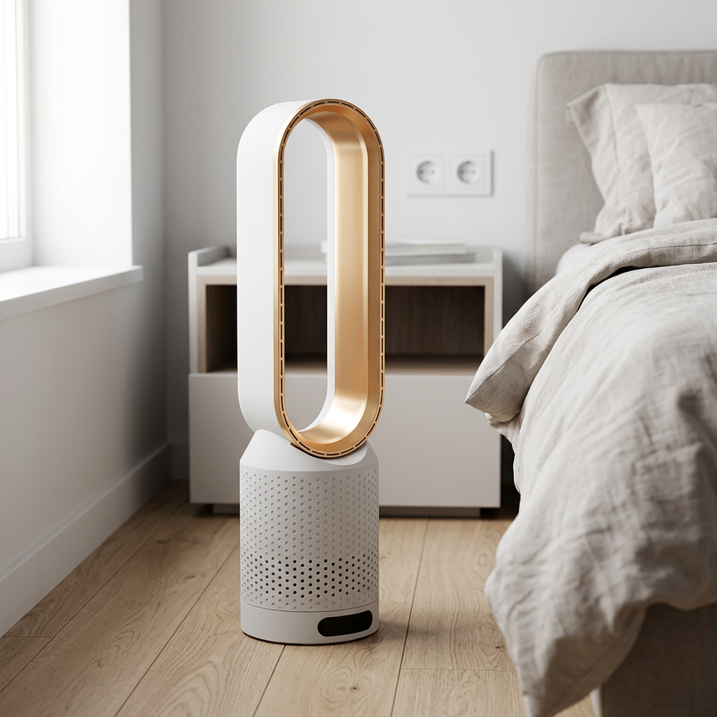 KI-Visualisierung: Zaradum AirPure 3-in-1 Luftkühler Luftkühler neben Bett im Schlafzimmer