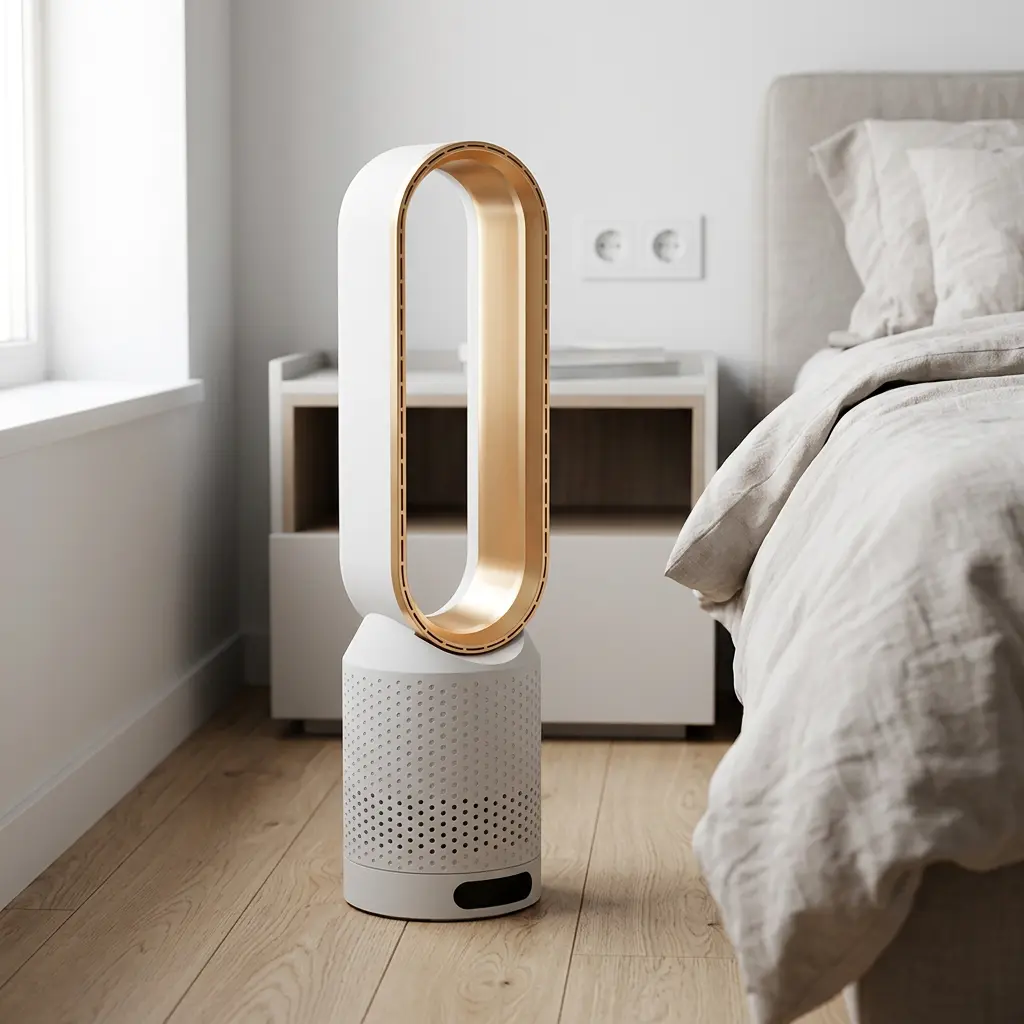 KI-Visualisierung: Zaradum AirPure 3-in-1 Luftkühler Luftkühler neben Bett im Schlafzimmer