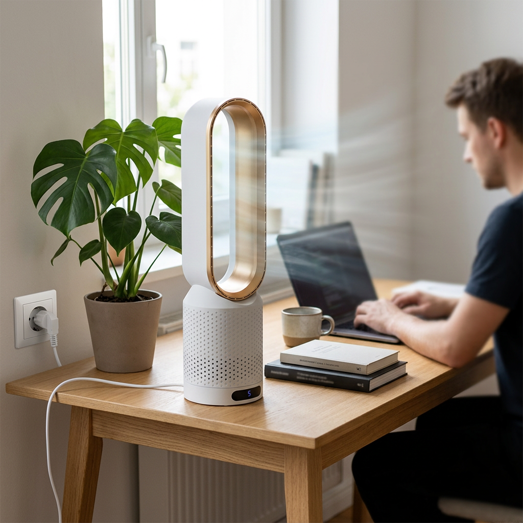 KI-Visualisierung: Zaradum AirPure 3-in-1 Luftkühler Luftkühler im Homeoffice beim Arbeiten