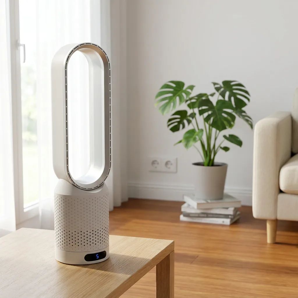 KI-Visualisierung: Zaradum AirPure 3-in-1 Luftkühler Luftkühler auf einem Holz-Couchtisch