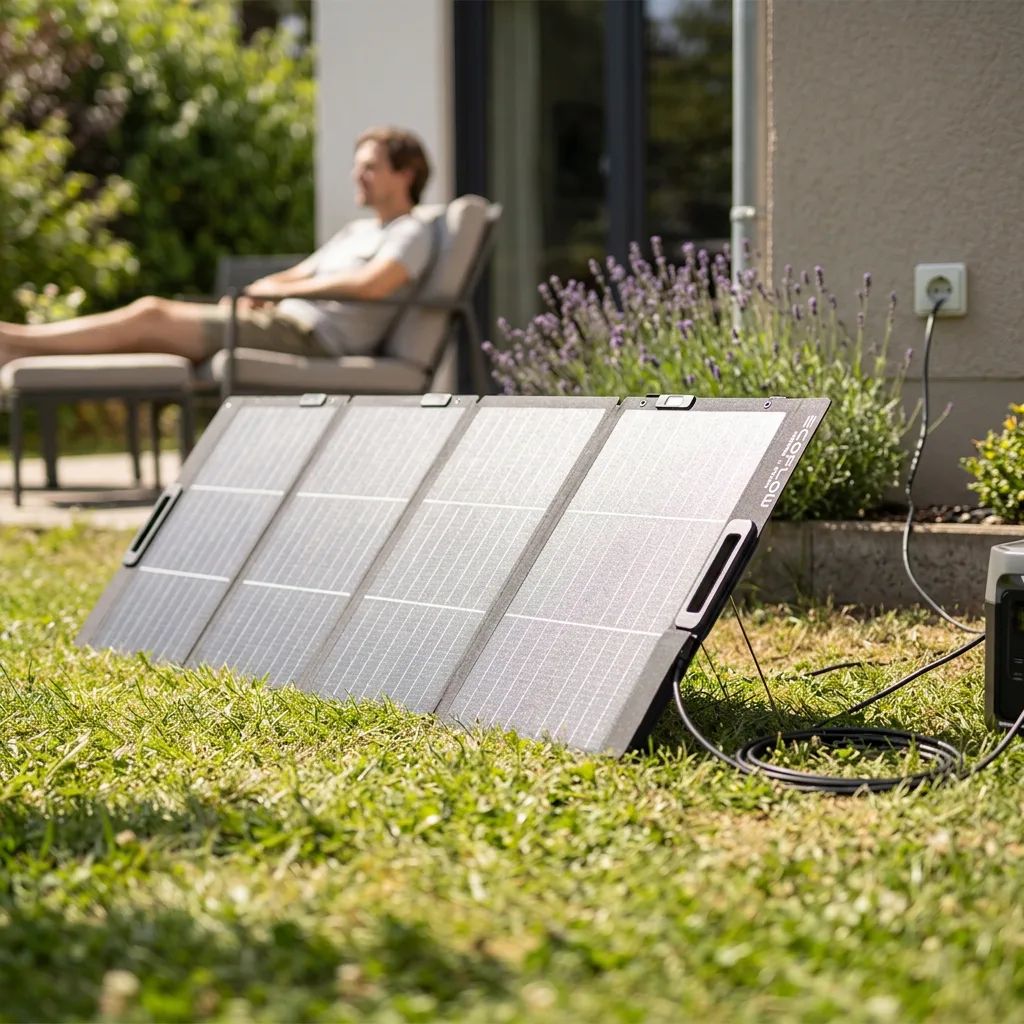 KI-Visualisierung: EcoFlow 220W Leichtes Tragbares Solarpanel während der Nutzung im Alltag