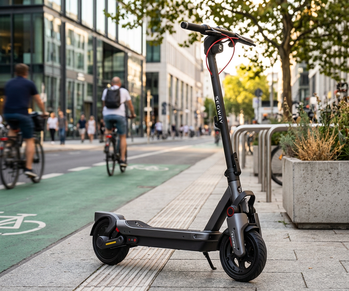 KI-Visualisierung: Segway MAX G3 D E-Scooter abgestellt auf einem Pflasterweg