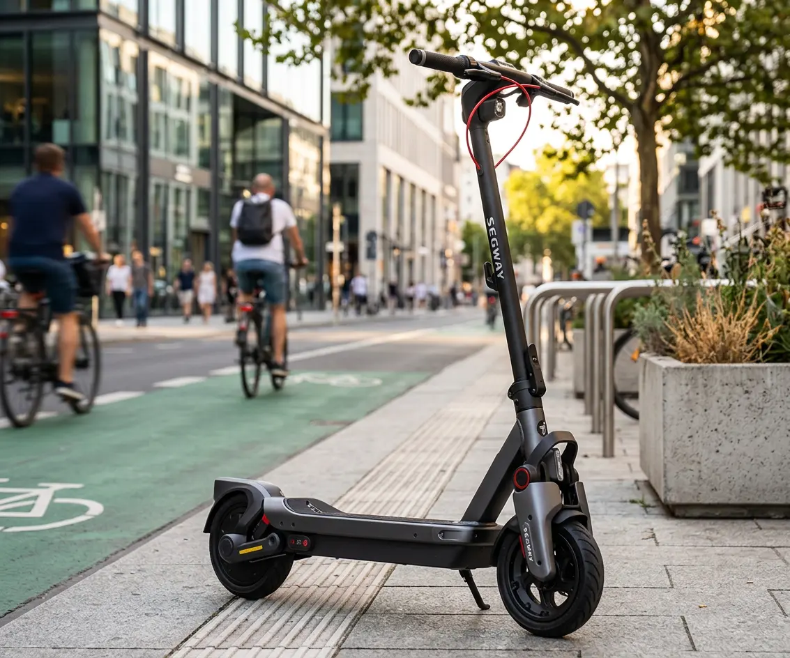 KI-Visualisierung: Segway MAX G3 D E-Scooter abgestellt auf einem Pflasterweg
