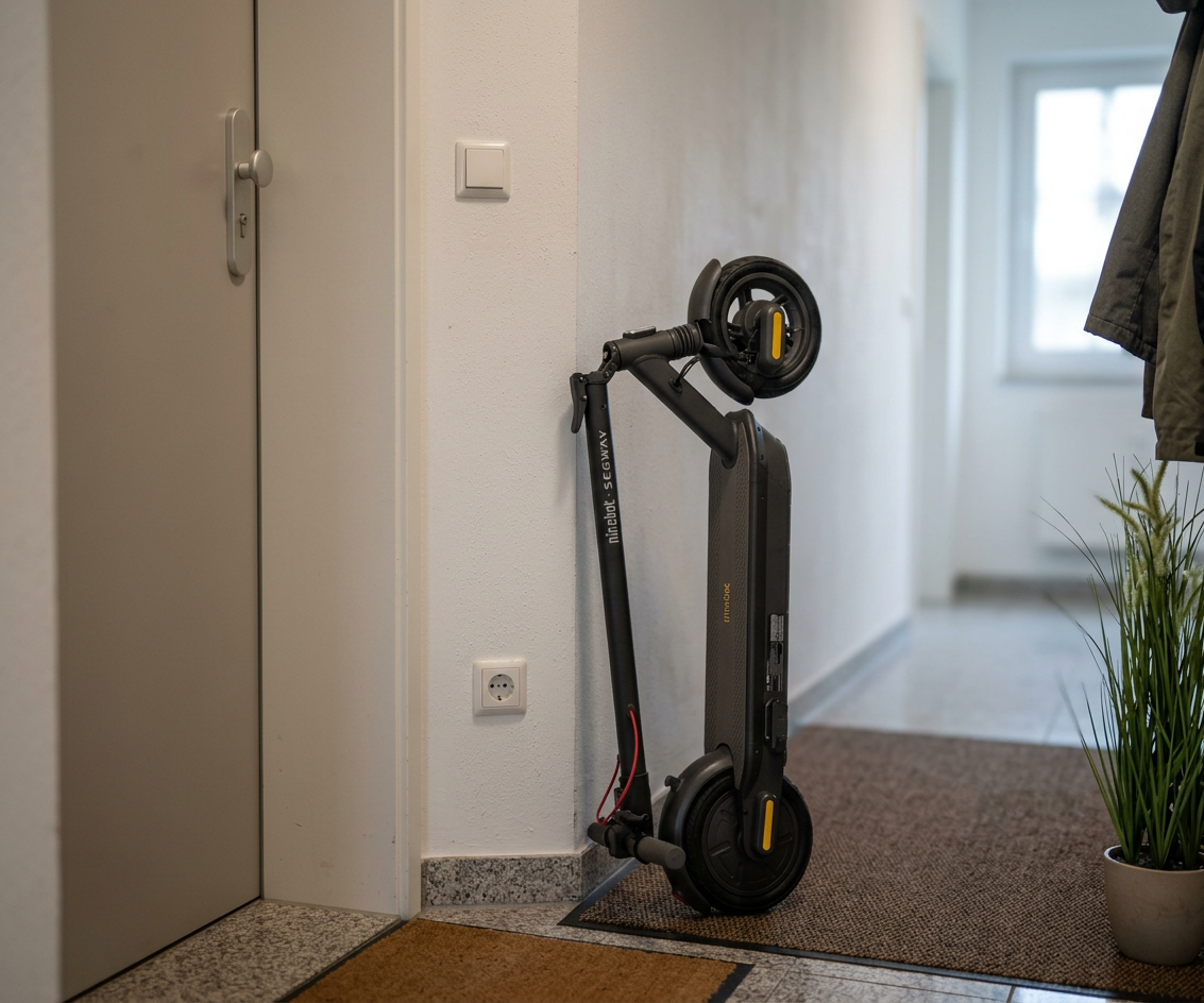 KI-Visualisierung: Segway MAX G3 D Zusammengeklappter Elektroroller an einer Wand