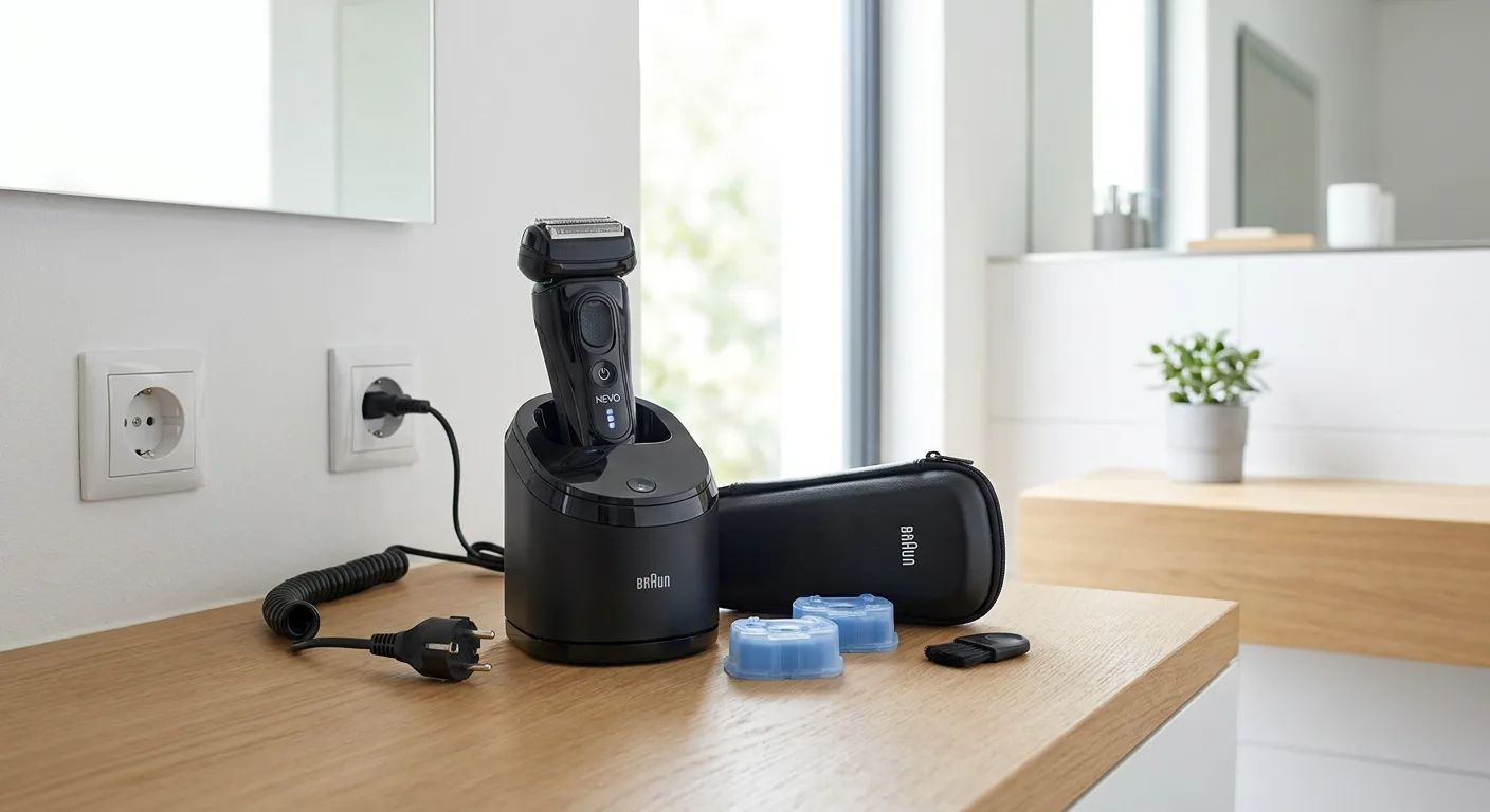 KI-Visualisierung: Braun NEVO 15115C Elektrorasierer mit Zubehör im Badezimmer