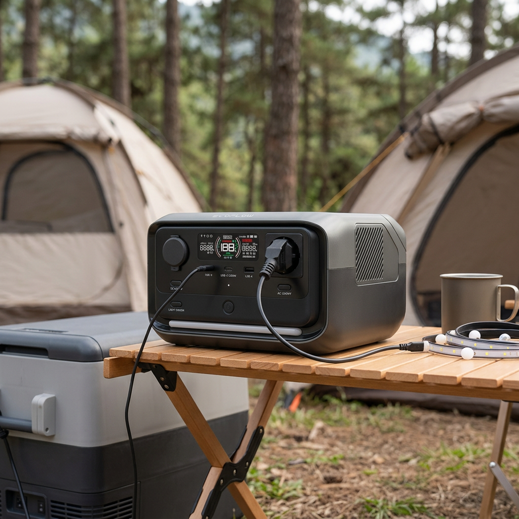 KI-Visualisierung: EcoFlow RIVER 3 Plus Powerstation versorgt Kühlbox auf Campingplatz