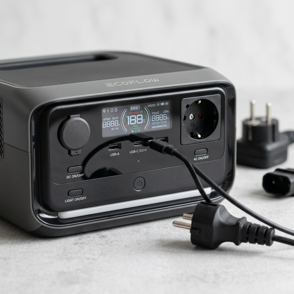 KI-Visualisierung: EcoFlow RIVER 3 Plus Display und Ausgänge einer Stromstation