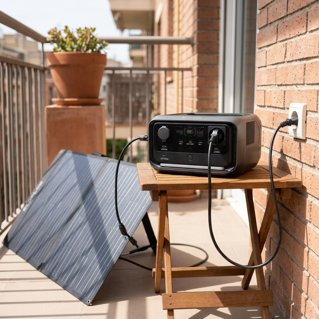 KI-Visualisierung: EcoFlow RIVER 3 Plus Powerstation wird auf Balkon geladen