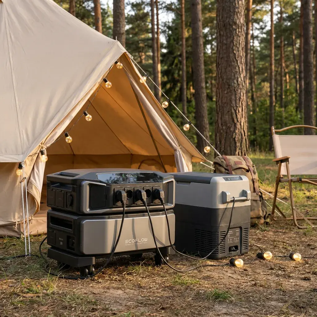 EcoFlow DELTA Pro Ultra Powerstation – powering a portable fridge and lights at a European campsite. All visible power…