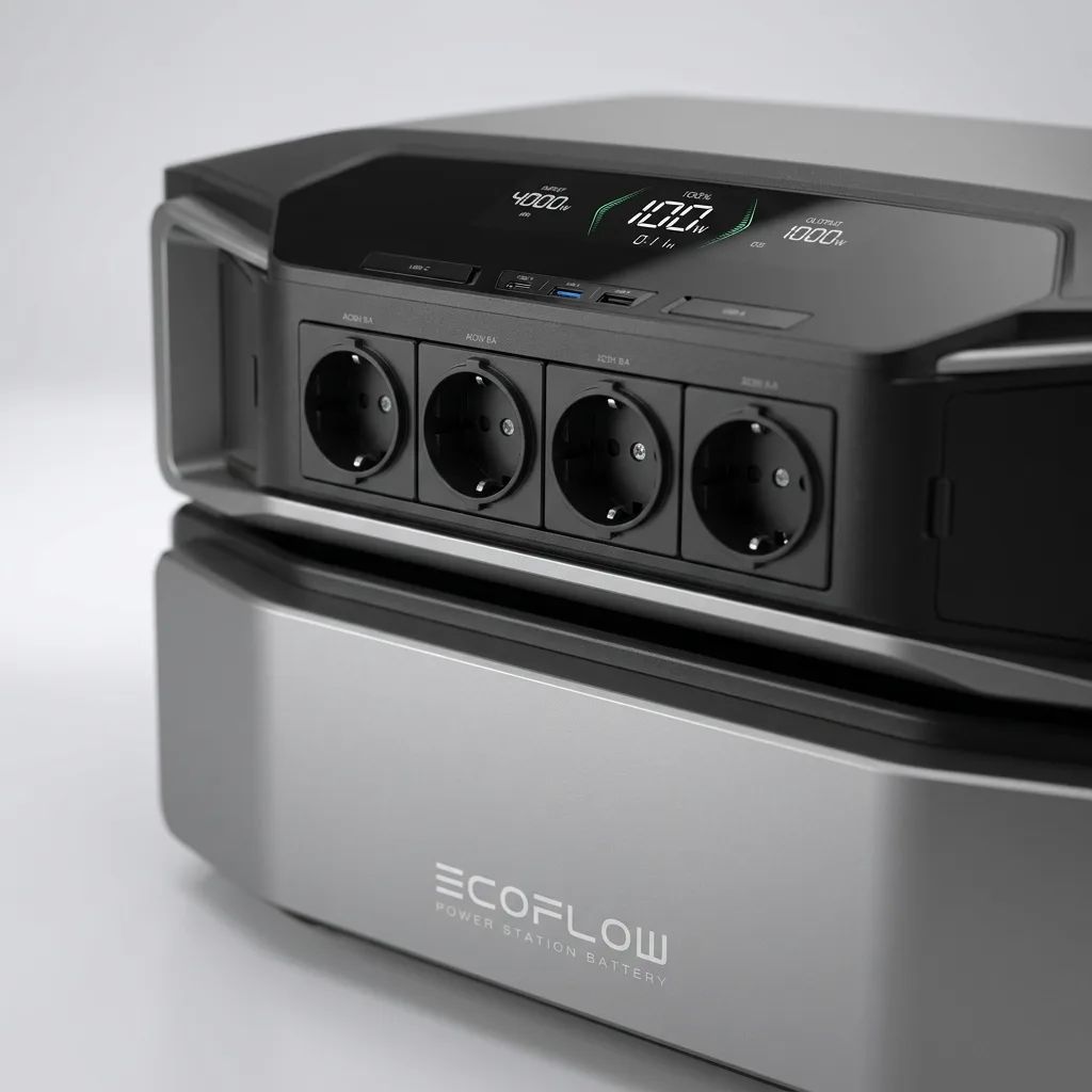 EcoFlow DELTA Pro Ultra Powerstation – detailed view of all ports, USB-C/USB-A outputs and the display panel. The AC outlets…