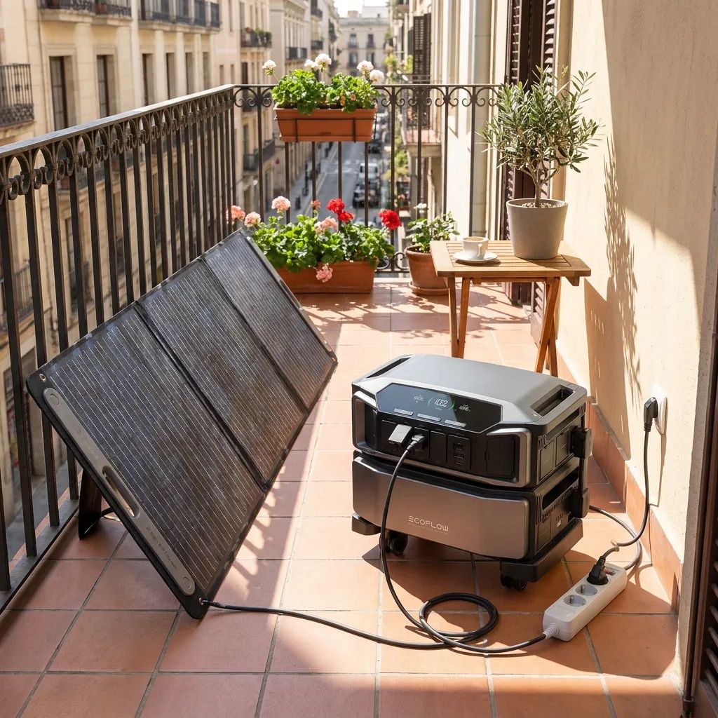 EcoFlow DELTA Pro Ultra Powerstation – charging via solar panel on a European apartment balcony with Type C/F Schuko outlets…