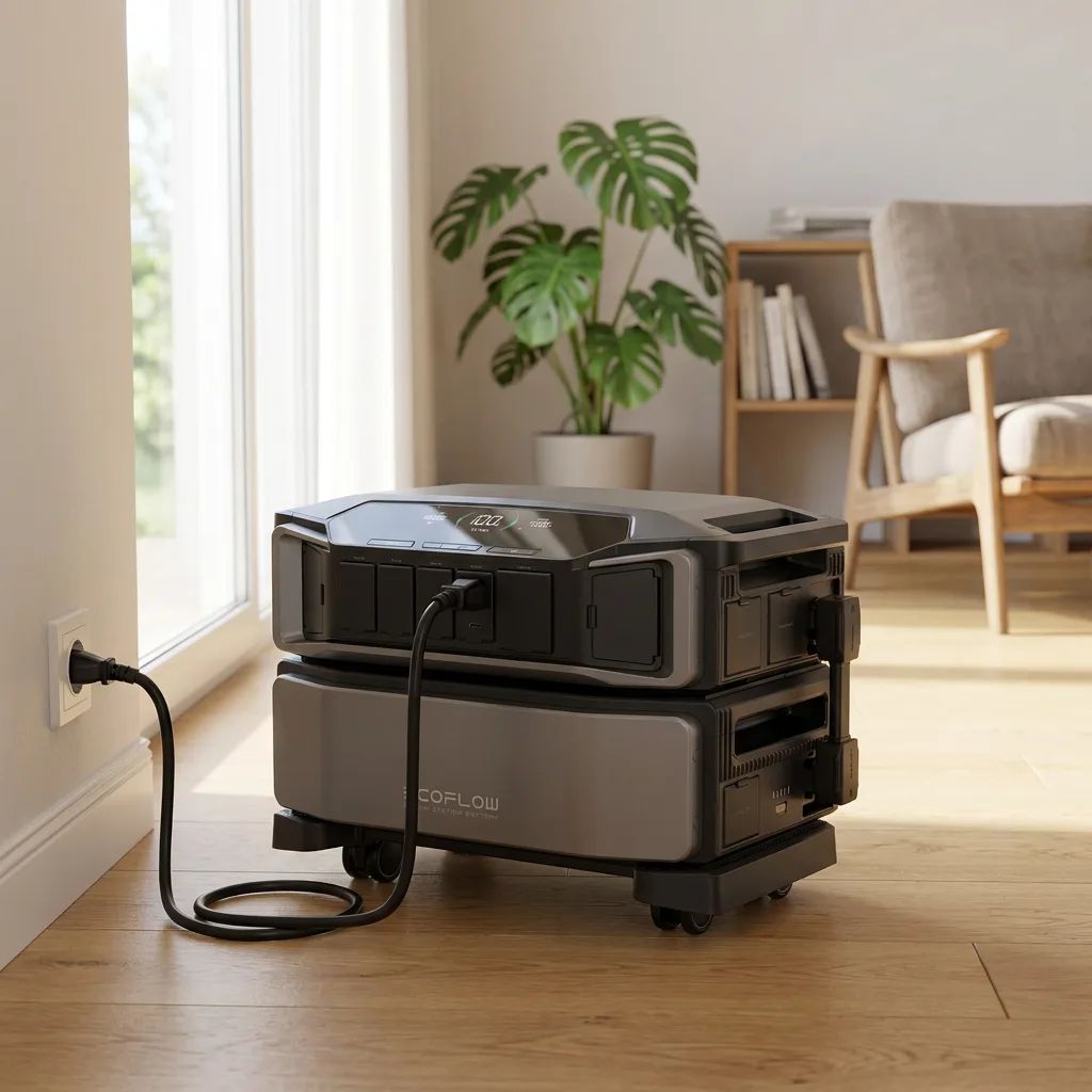 EcoFlow DELTA Pro Ultra Powerstation – shown from the side in a calm, tidy setting with soft daylight