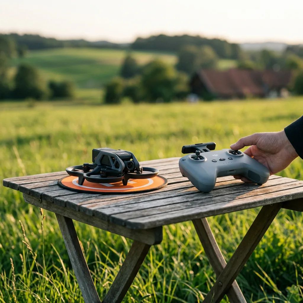 DJI Avata – next to its controller on a flat surface ready for takeoff