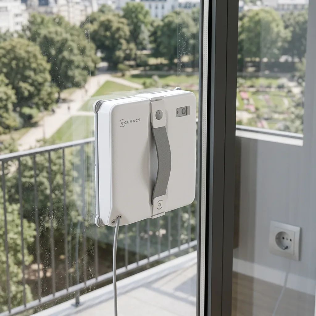 KI-Visualisierung: Ecovacs WINBOT mini 2 Fensterputzroboter bei der Glasreinigung