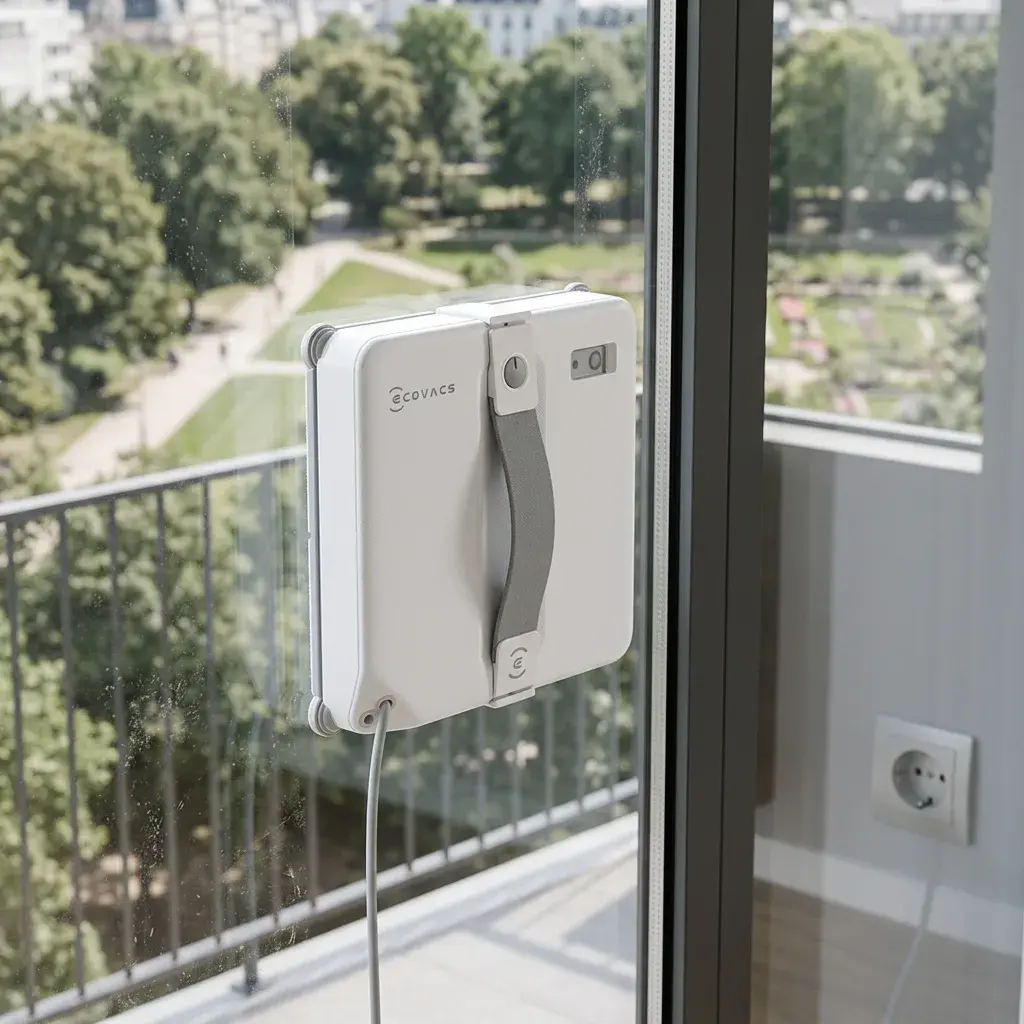 KI-Visualisierung: Ecovacs WINBOT mini 2 Fensterputzroboter bei der Glasreinigung